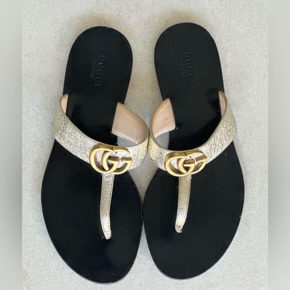 Gucci GG Marmont Sandals Metallic Gold Leather
Thong Flats Flip Flops Size 37 - Picture 5 of 12
